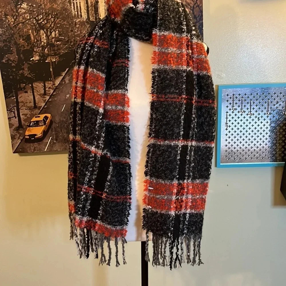 Red/Gray/Black Plaid super soft long oversized blanket scarf fringe trim